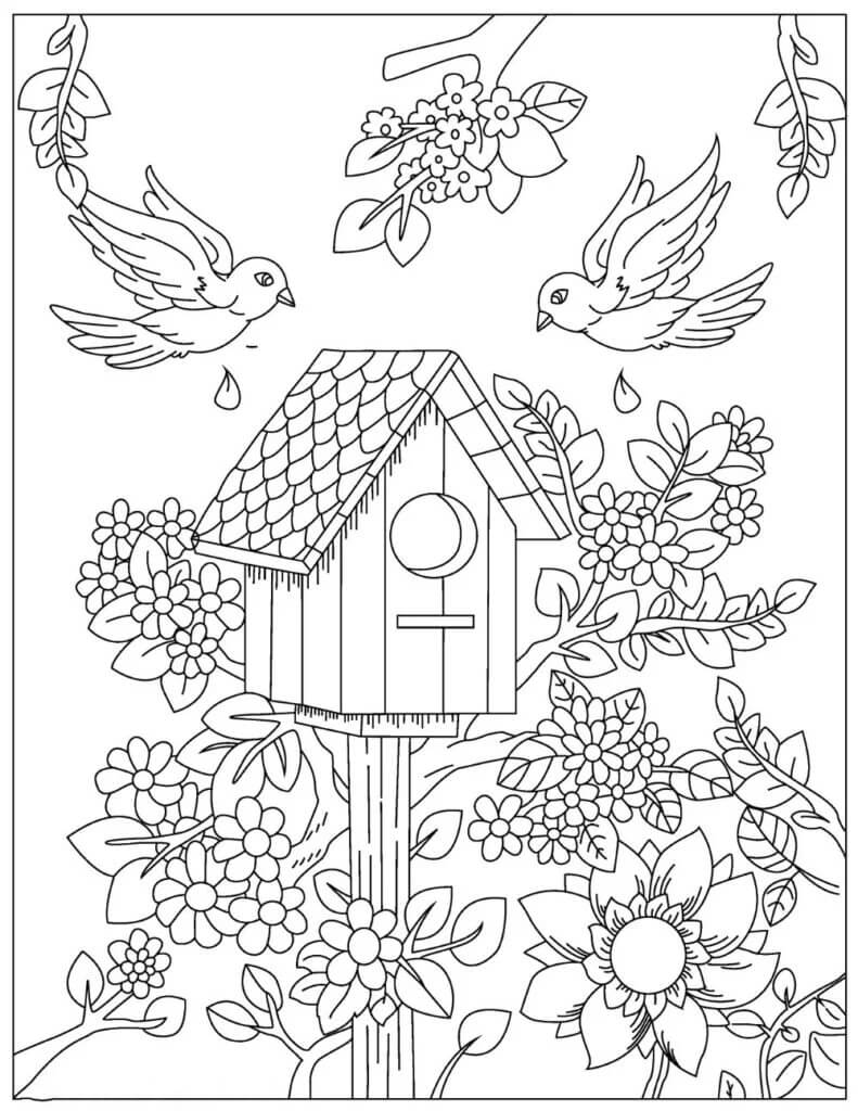 Målarbild Fågelhus och Blommor