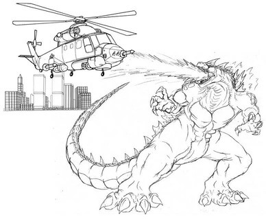 Målarbild Godzilla Attackerar Helikopter
