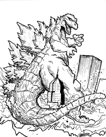 Målarbild Godzilla Förstörde Staden