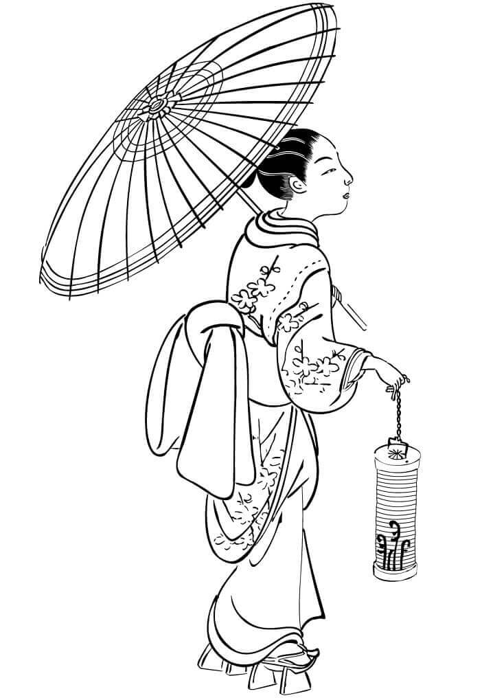 Målarbild Japansk Kvinna med Paraply