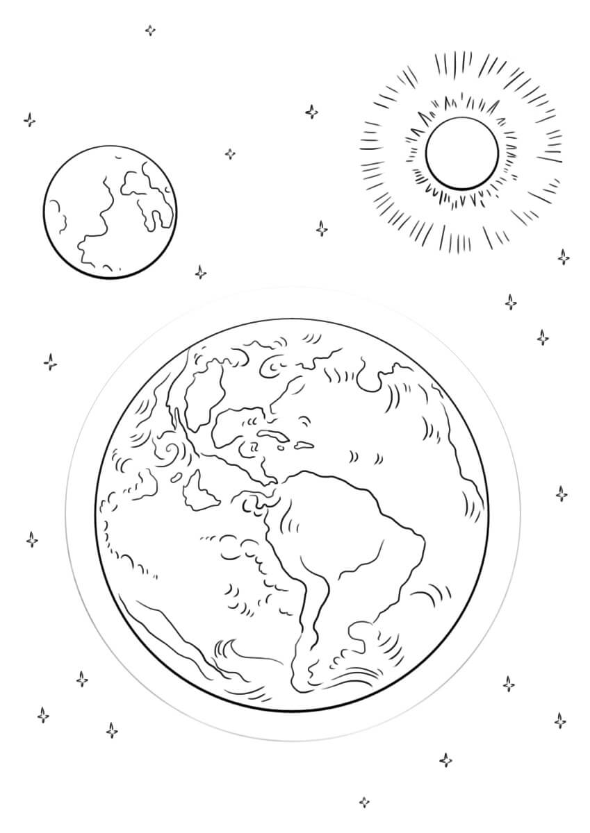 Målarbild Jorden, Månen och Solen