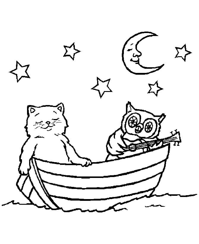 Målarbild Katt och Uggla På en Båt