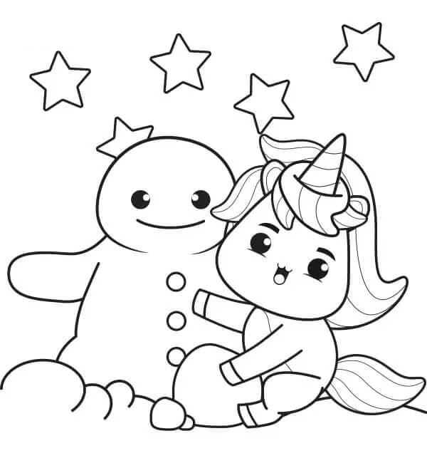Målarbild Unicorn Build Snowman with Stars