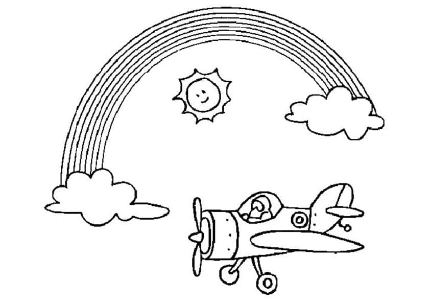 Målarbild Regnbåge och Flygplan