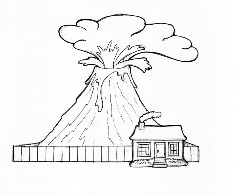 Målarbild Vulkan och Ett Hus