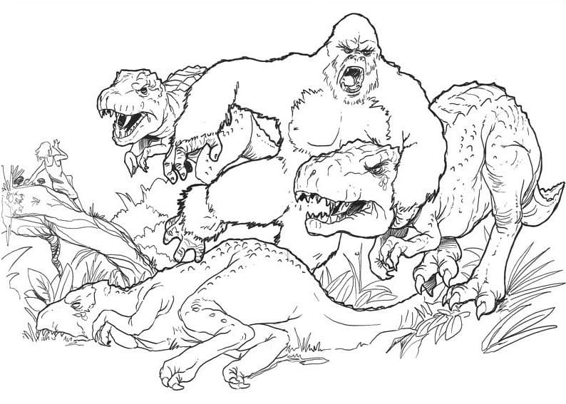 Målarbild King Kong vs Dinosaurier