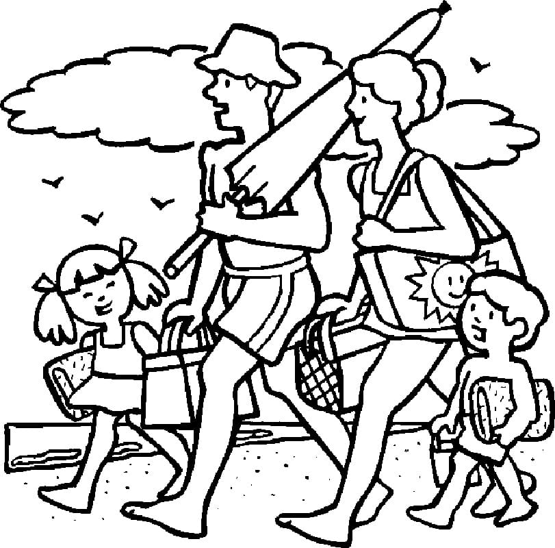 Målarbild Familj Som Går Till Stranden