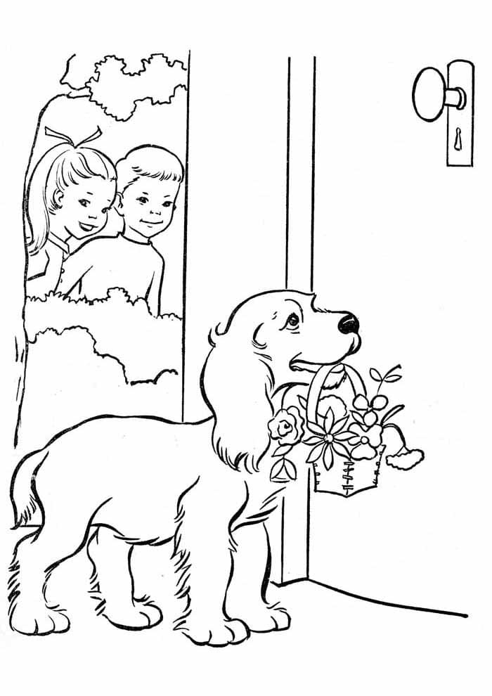 Målarbild Hund med Blomkorg