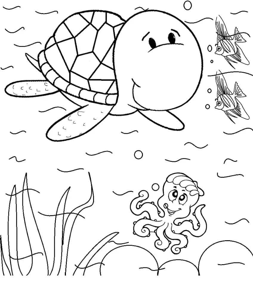 Målarbild Havssköldpadda och Bläckfisk