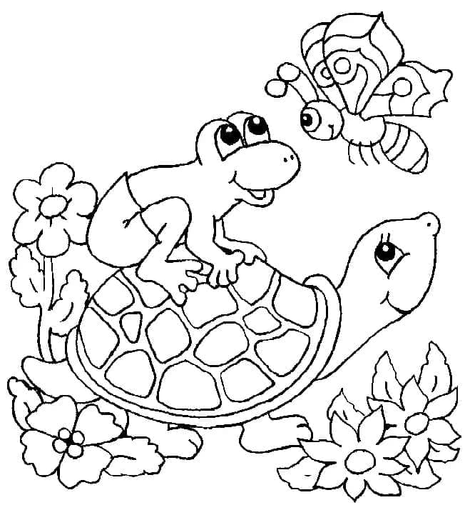 Målarbild Sköldpadda, Groda och Fjäril