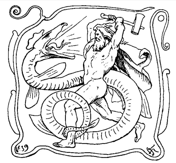Målarbild Nordisk Mytologi Thor och Jörmungandr