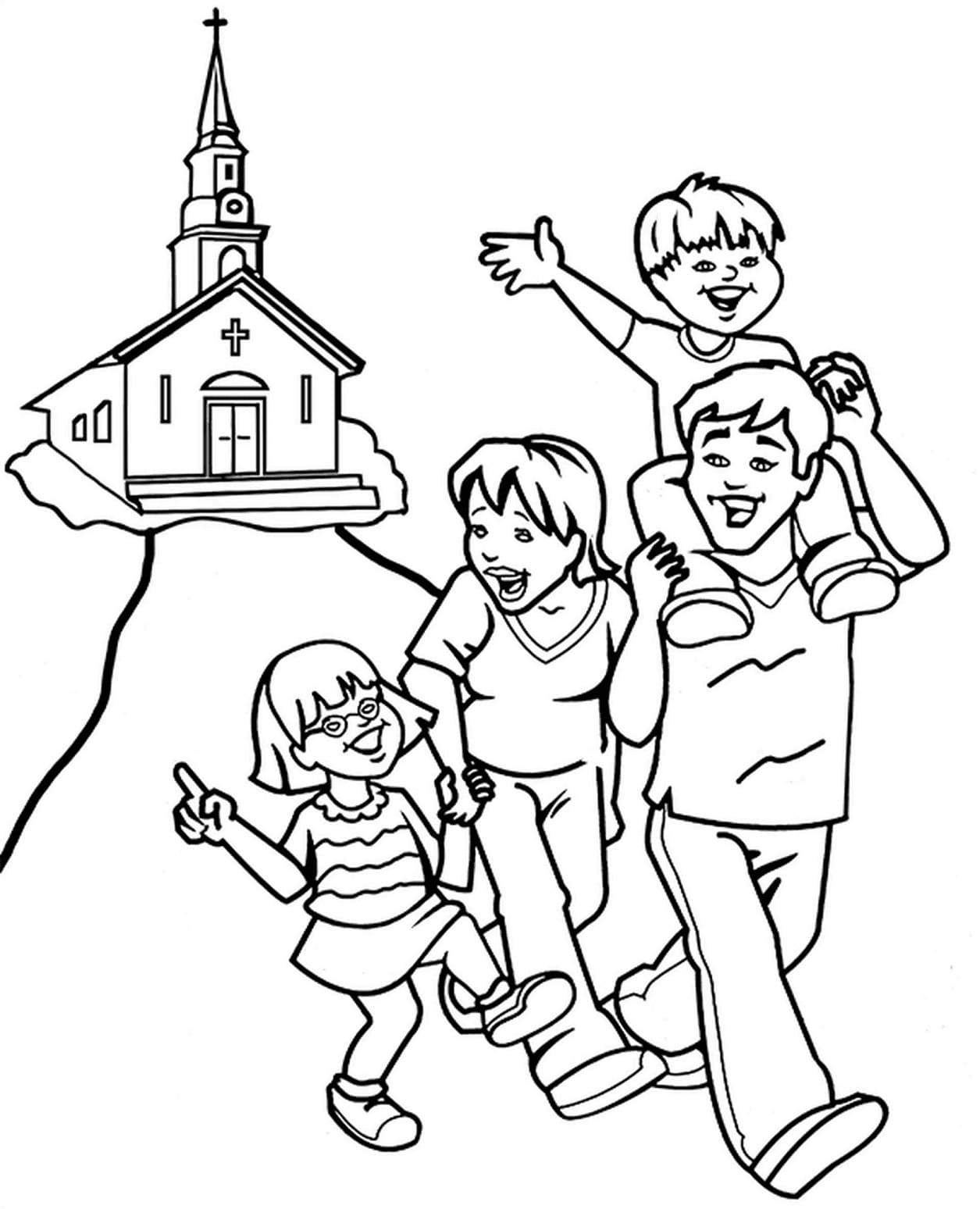 Målarbild Familj Som Går Hem från Kyrkan