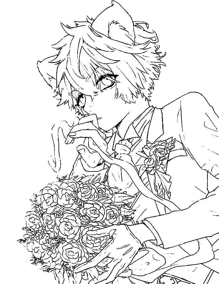 Målarbild Anime Pojke med Blommor