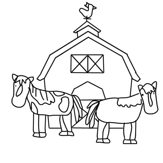 Målarbild Ladugård och Hästar