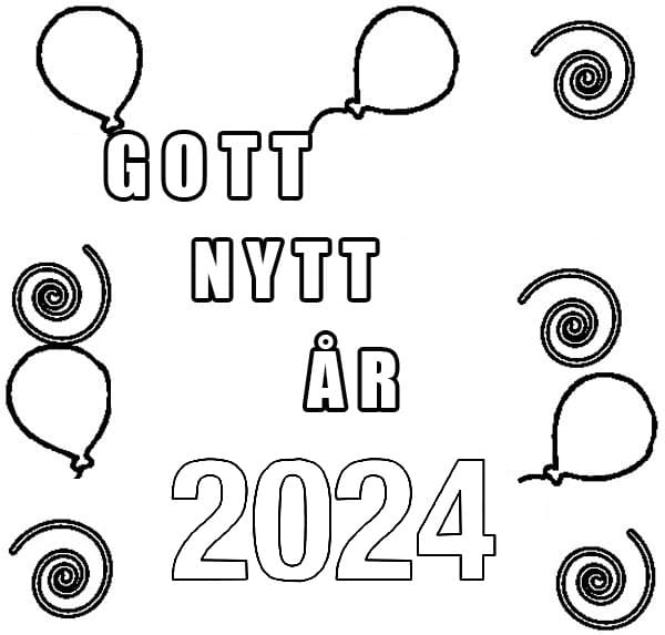 Målarbild Gott Nytt År 2024 med Ballonger Skiv ut gratis på