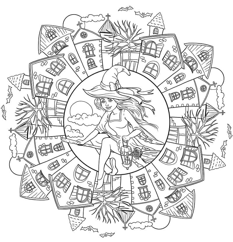 Målarbild Halloween Mandala med Häxa
