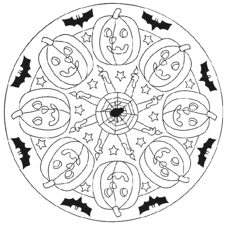 Målarbild Halloween Mandala med Pumpor och Fladdermöss