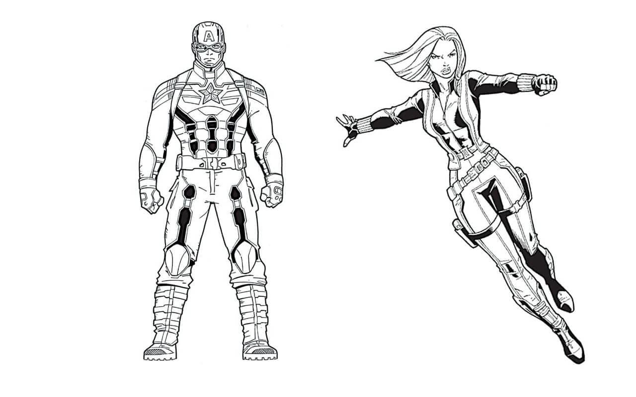 Målarbild Captain America och Black Widow