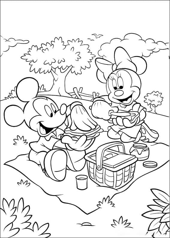 Målarbild Musse Pigg och Mimmi Pigg på Picknick