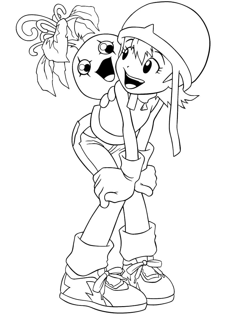Målarbild Sora Takenouchi och Pyocomon från Digimon