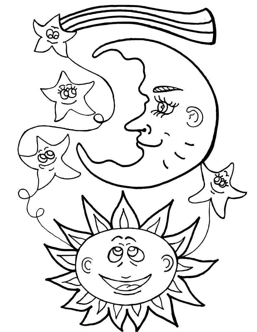 Målarbild Tecknad Sol och Måne