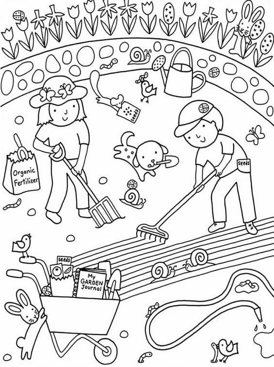Målarbild Trädgårdsarbete med Barn