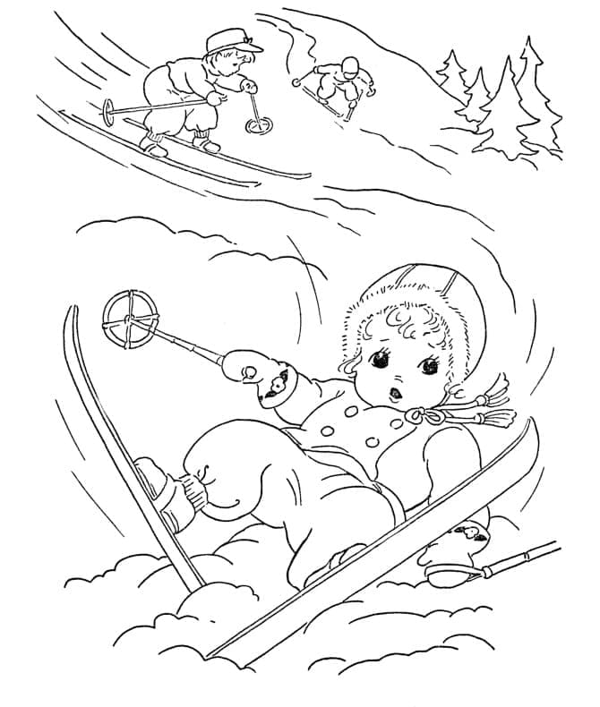 Målarbild Små barn åker skidor