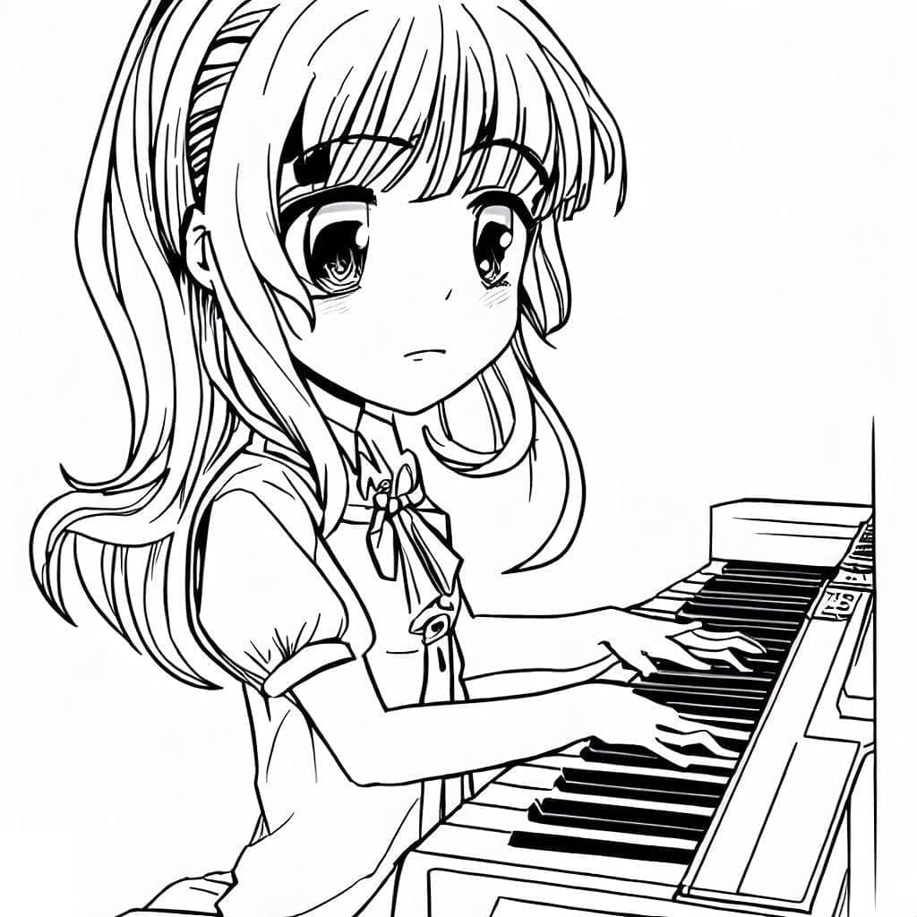 Målarbild Anime Flicka med Piano