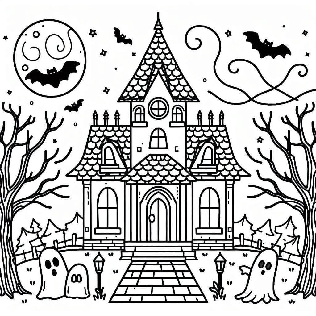 Målarbild Halloween spökhus gratis utskrivbar för barn