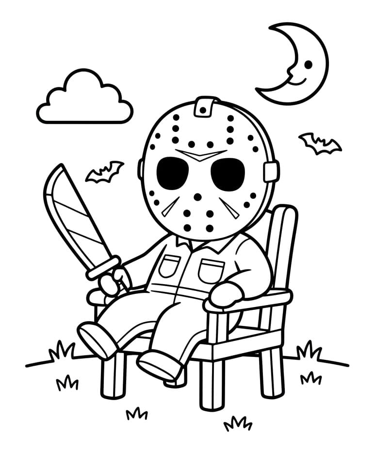 Målarbild Jason Voorhees sitter på en stol