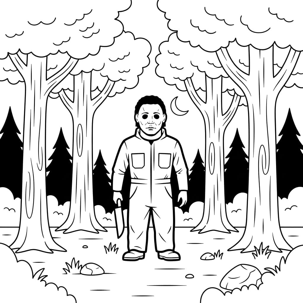 Målarbild Michael Myers i skogen