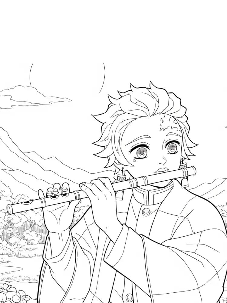 Målarbild Tanjiro Spelar Flöjt