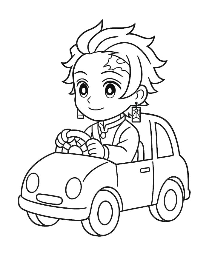 Målarbild Tanjiro kör bil