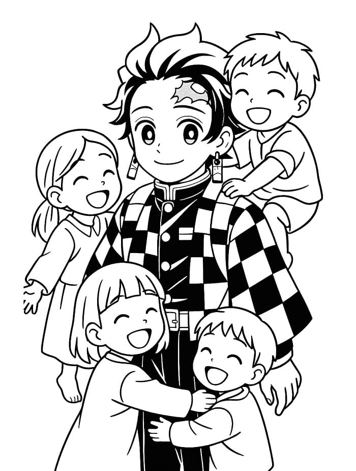 Målarbild Tanjiro med barn