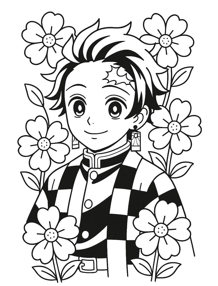 Målarbild Tanjiro med blommor
