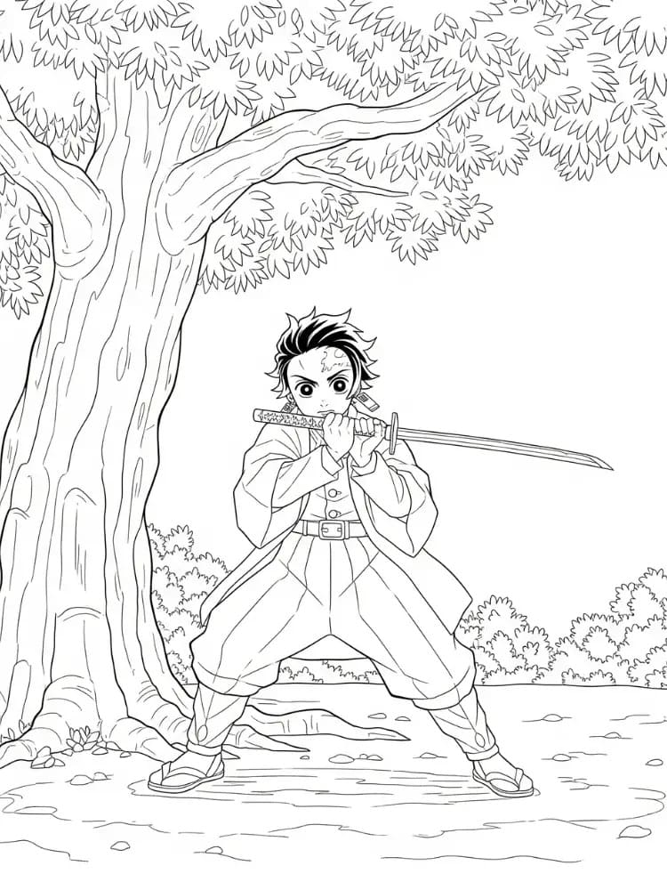 Målarbild Tanjiro och Träd