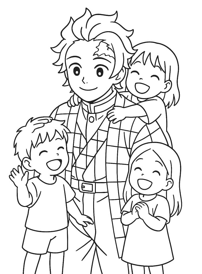 Målarbild Tanjiro och barnen