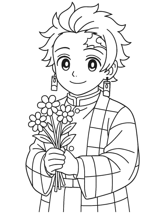 Målarbild Tanjiro och blommor