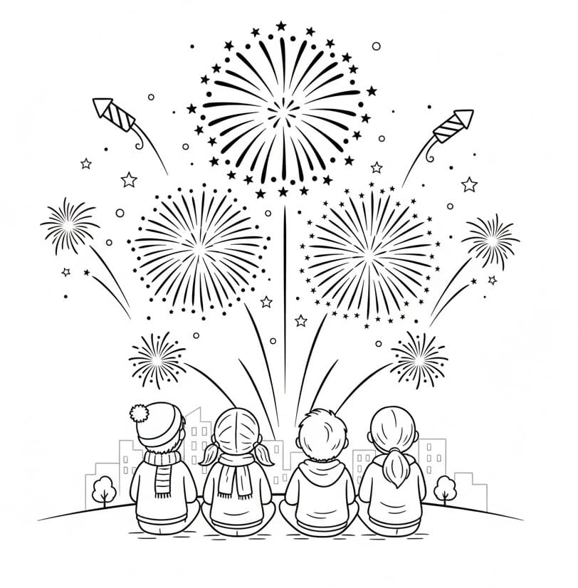 Målarbild Barn och fyrverkerier