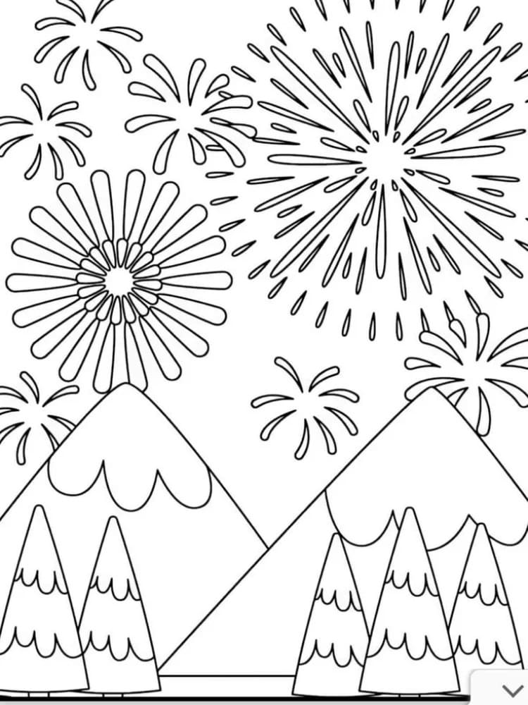 Målarbild Berg och fyrverkerier