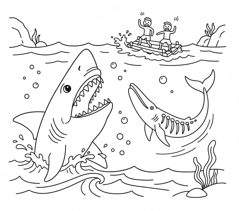 Målarbild En Megalodon Attackerar