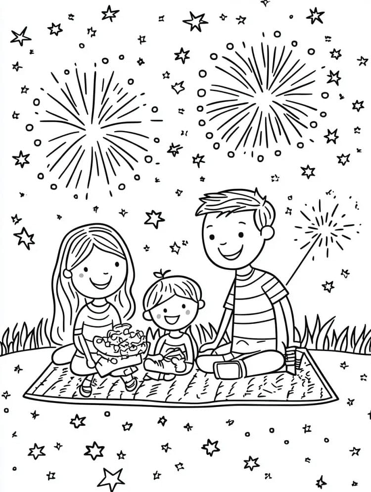 Målarbild Familj och fyrverkerier