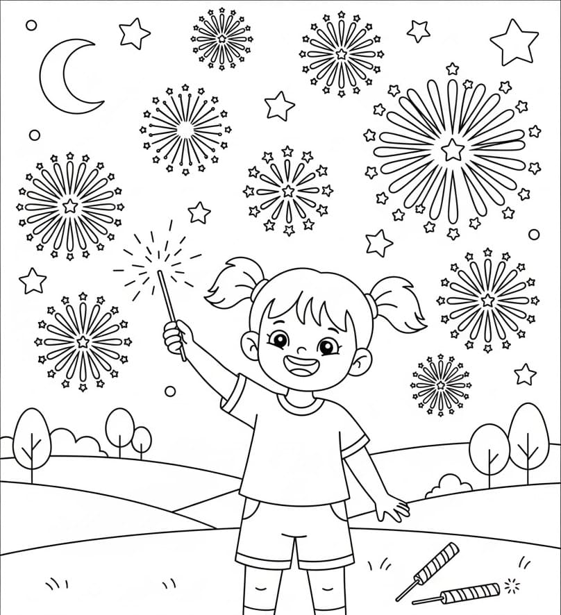 Målarbild Flicka och fyrverkerier