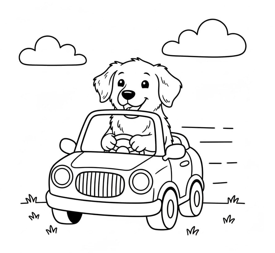 Målarbild Golden Retriever kör bil