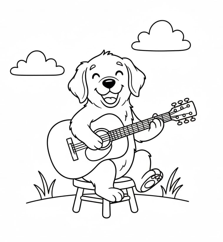 Målarbild Golden retriever spelar gitarr