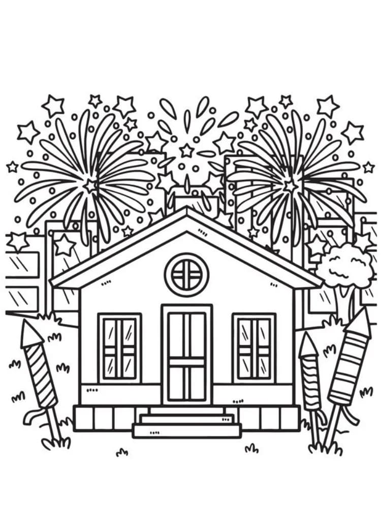 Målarbild Hus och fyrverkerier