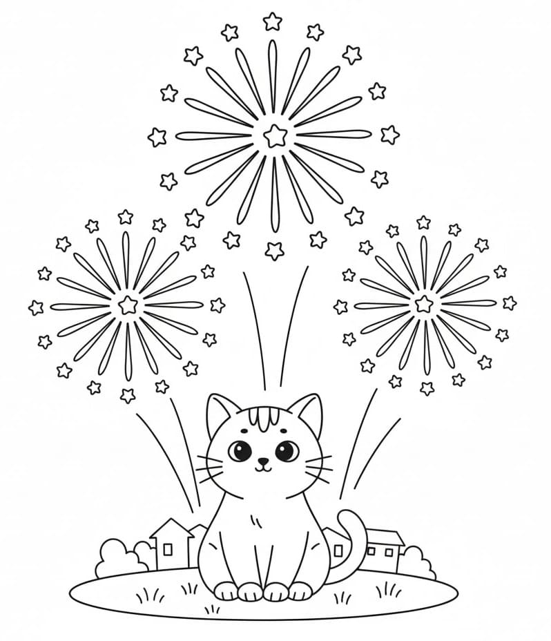 Målarbild Katt och fyrverkerier