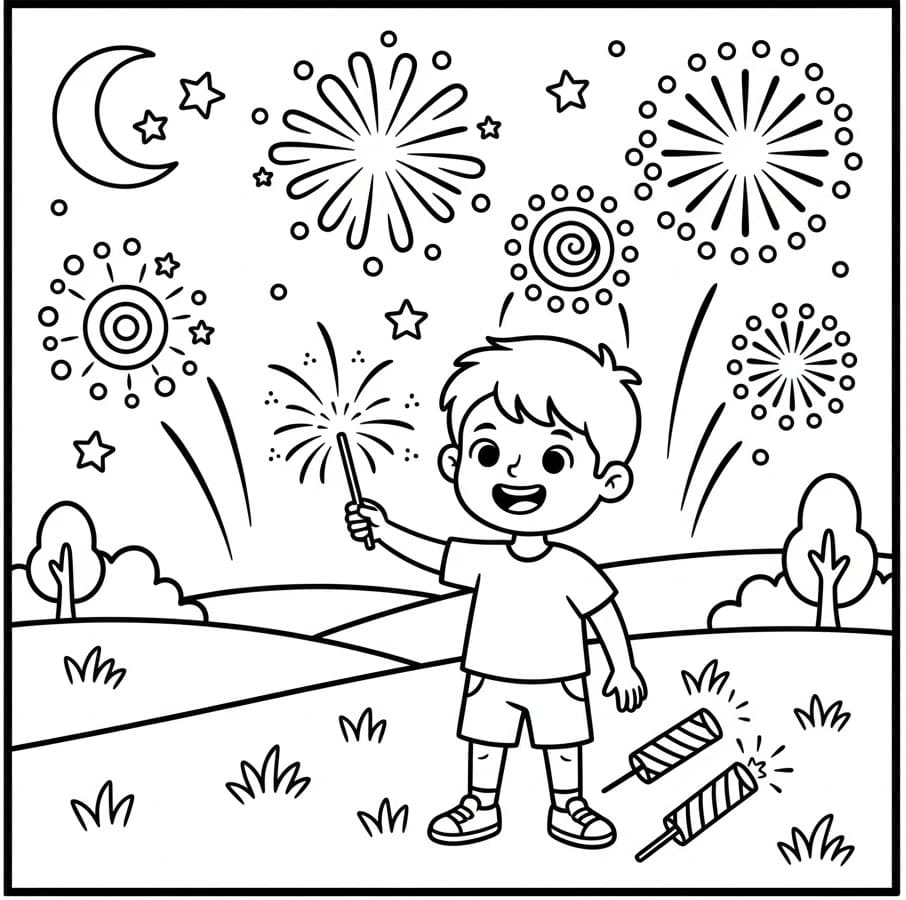 Målarbild Pojke och fyrverkerier