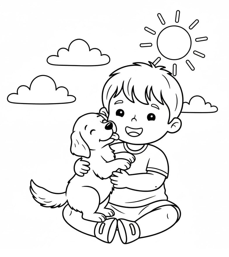 Målarbild Pojke och golden retriever