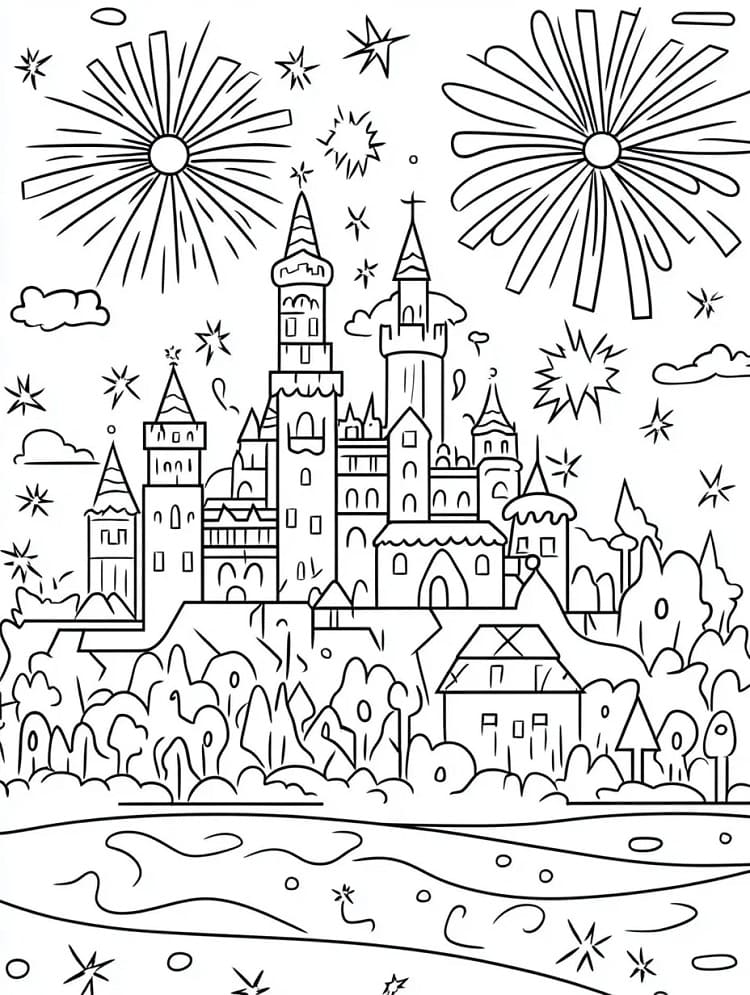 Målarbild Slott och fyrverkerier